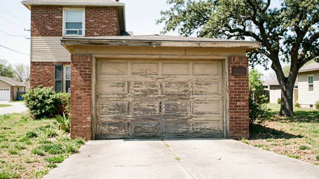 The garage door is peeling paint, with a brick house and driveway.