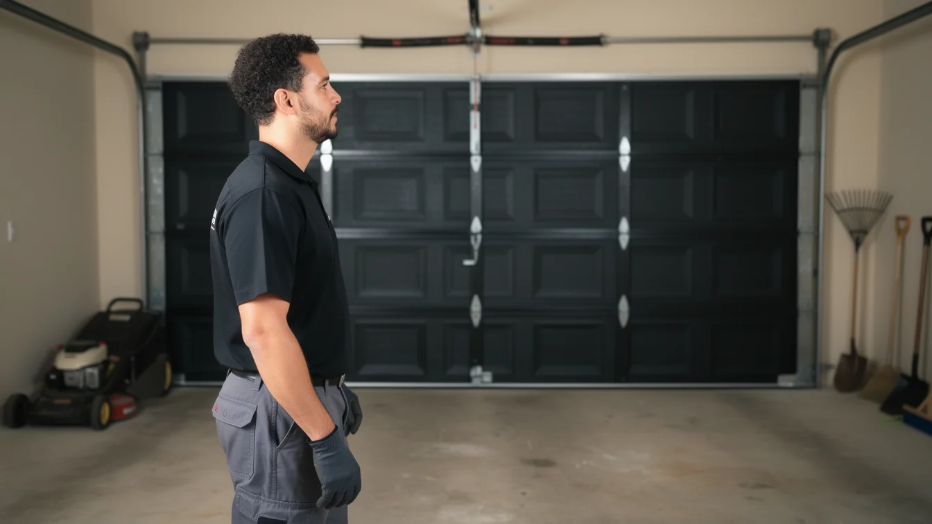 A technician stands in a garage with a closed black garage door behind him.