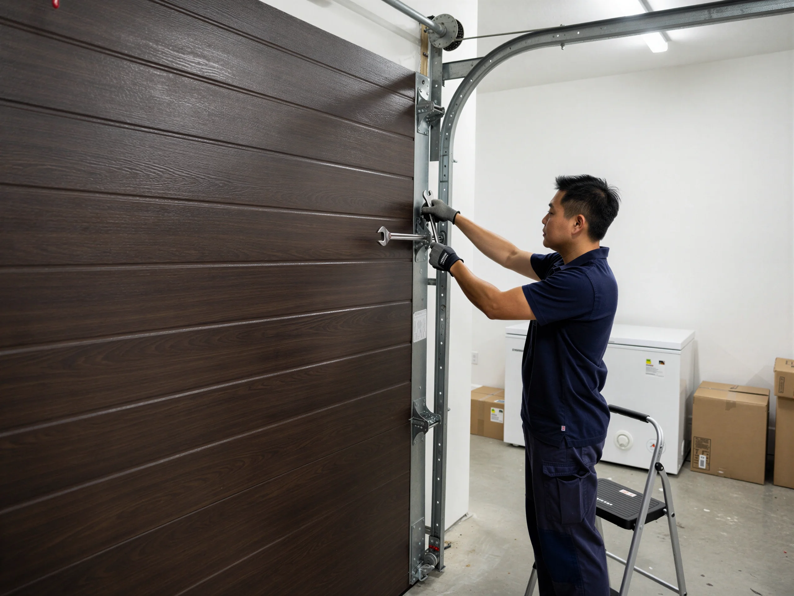 A technician adjusts the brown garage door with a wrench.