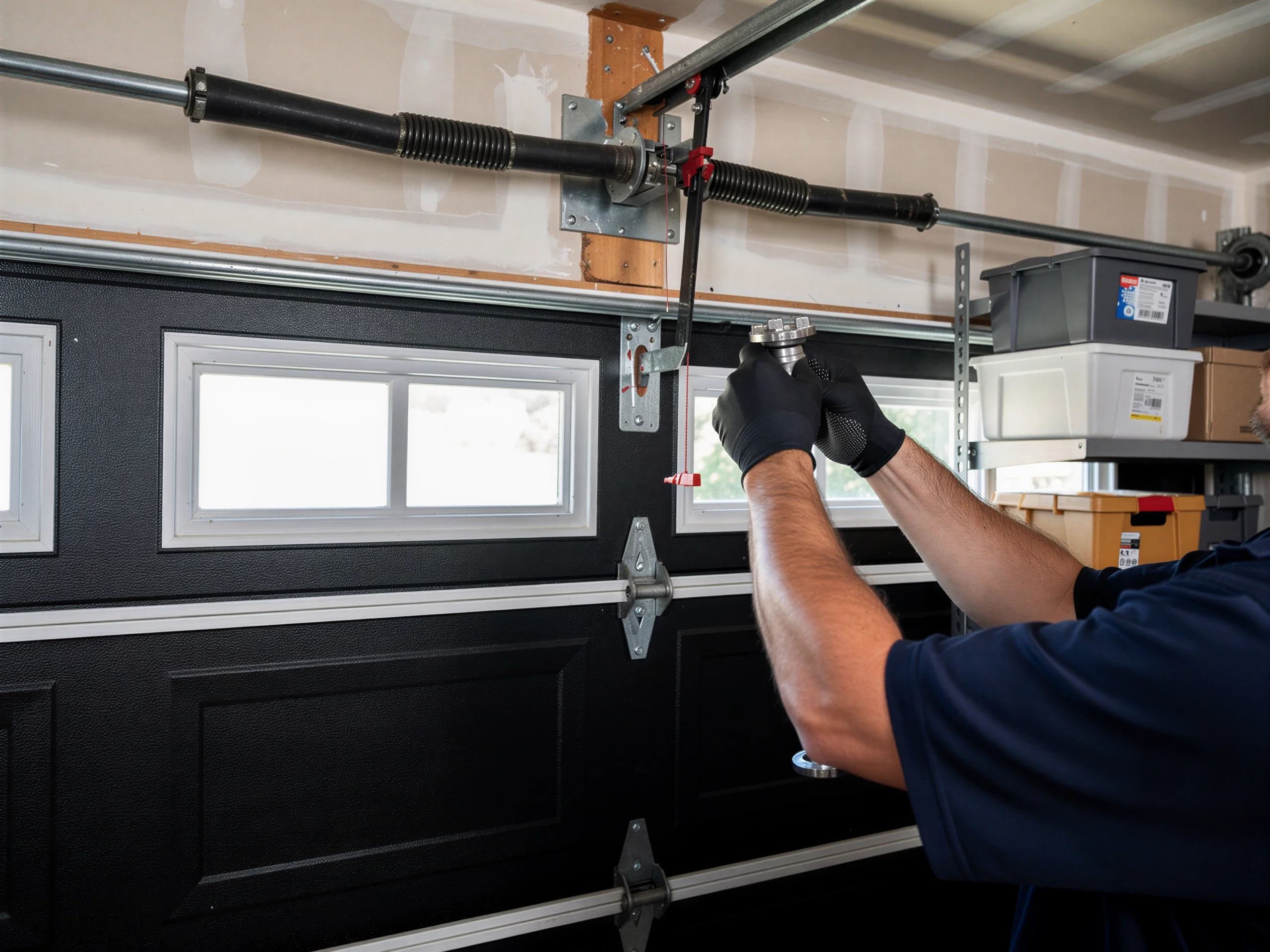 A technician adjusts a torsion spring above a black garage door with windows.