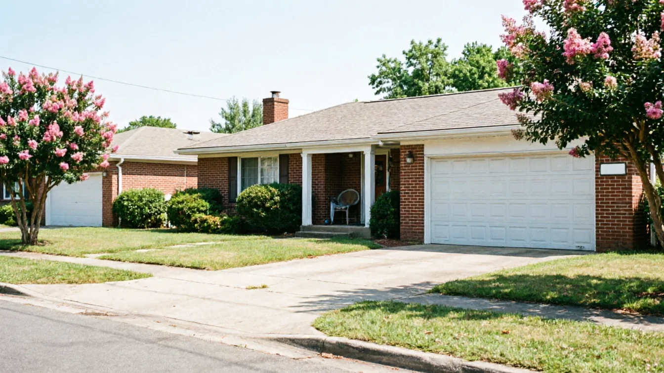 A white garage door on a brick house with a driveway and front yard.